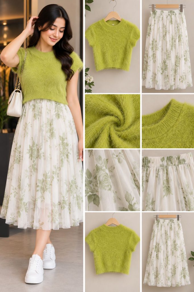 Lime Green Fuzzy Knit Top with Green Floral Tulle Midi Skirt