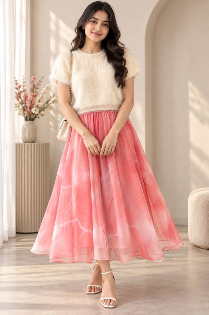 Cream Fuzzy Knit Top with Coral Tie-Dye Organza Maxi Skirt