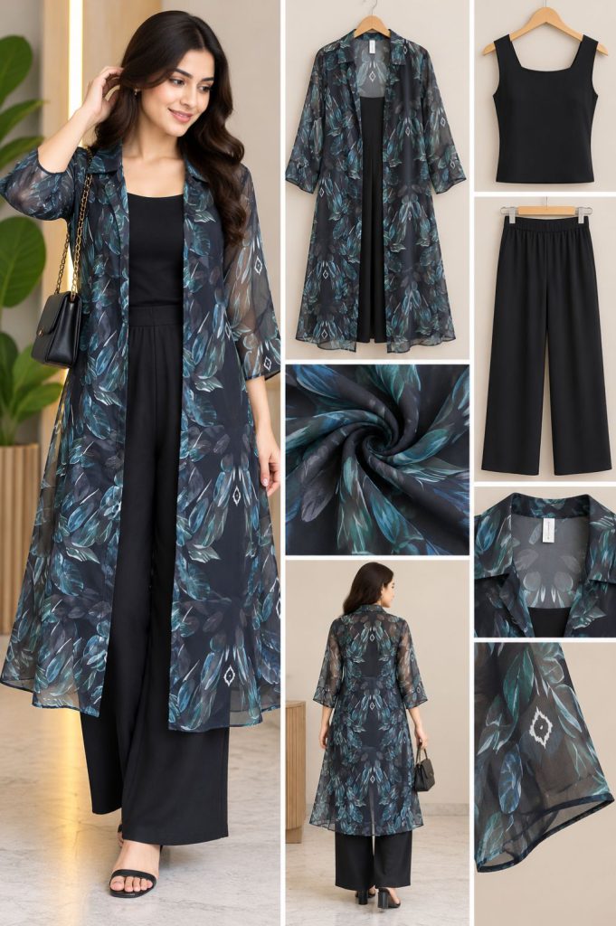 Teal Leaf Print Sheer Duster Kimono with Black Cami and Black Wide-Leg Pants