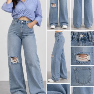 Distressed Ripped-Knee Light Blue High-Waist Wide-Leg Jeans