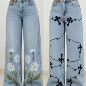 Light Blue Daisy Floral Print High-Waist Wide-Leg Jeans