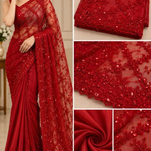 Red Net Saree with Heavy Embroidery